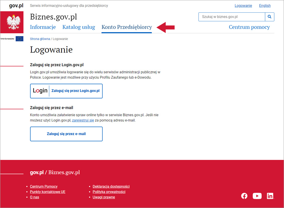 Zakładka Konto przedsiębiorcy na Biznes.gov.pl