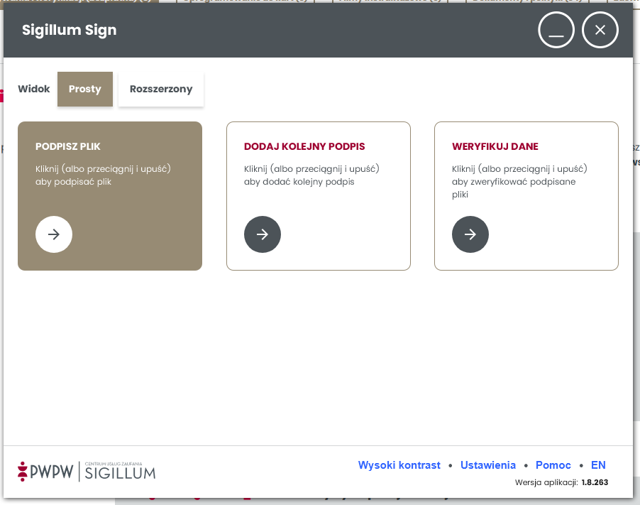 Ekran wskazujący na wymagane ustawienia podpisu SigiliumSign
